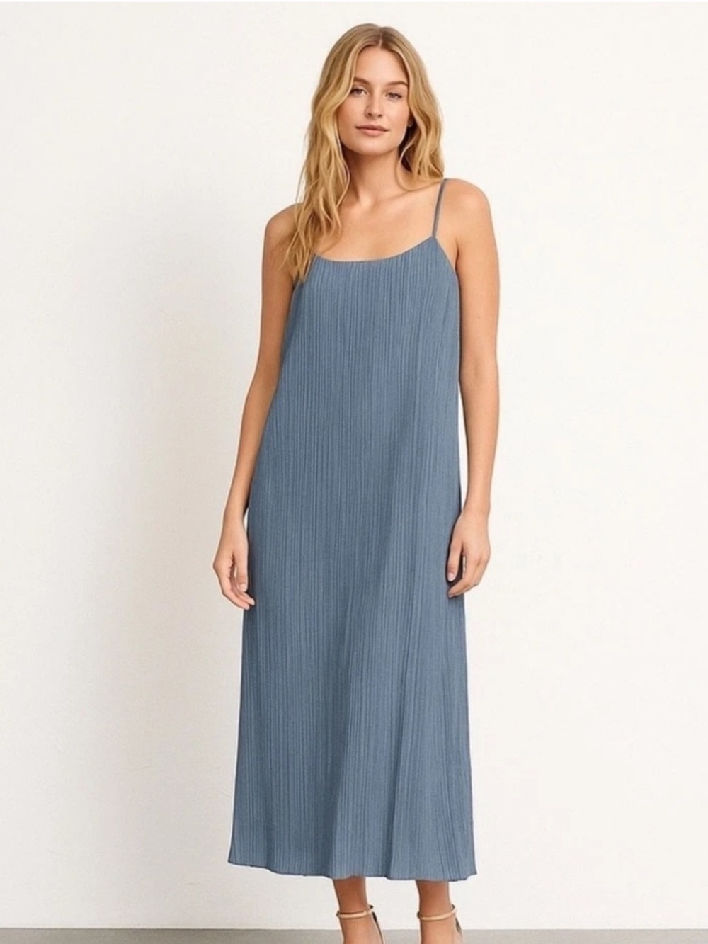 Madewell Dusty Blue Pleated Maxi Slip Dress NWT